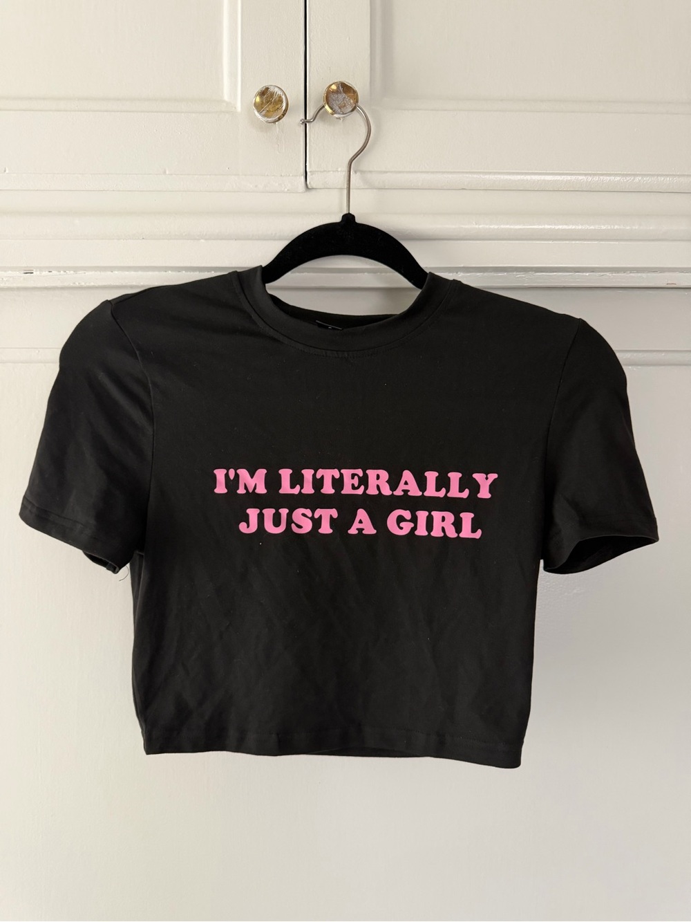Black Crop Tee with Pink Slogan